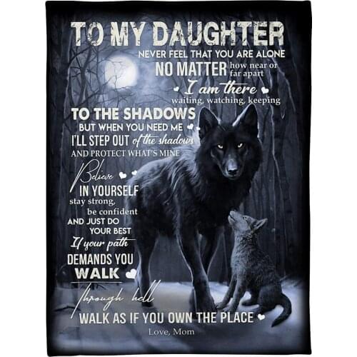 Personalized Family Blanket |To My Daughter from Mom Never Feel You Are Alone Black Wolf Moon Night Forest Family Love Quote