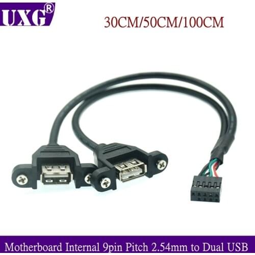 Motherboard Internal 9pin Pitch 2.54mm to Dual Port USB 2.0 A Female Screw Lock Panel Mount Cable 30cm/50cm