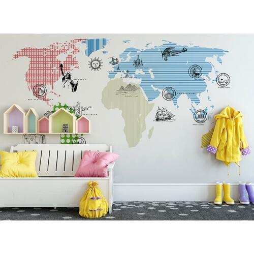 World map wall stickers wall mural for kids room 3D Cartoon Statue of Liberty decal mural art Wallpaper Bedroom Decor Poster