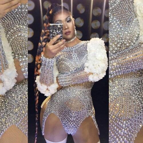 Fashion Rhinestone Party Bodysuit Women Sexy Floral Sleeve Birthday Prom Jumpsuit Nightclub Dancer Leotard DJ Singer Stage Wear