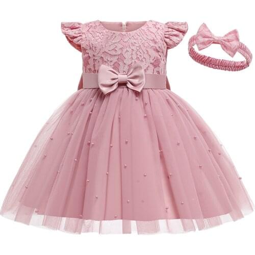 Baby Girls Lace Pearl Bowknot Princess Dress For Girls 1st Year Birthday Party Dress Infant Kids Wedding Dress Children Clothing