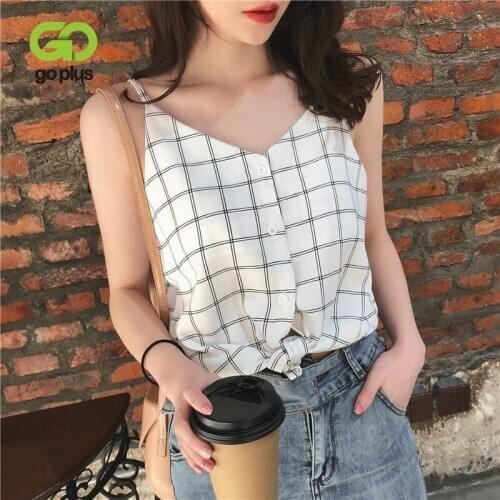 GOPLUS 2021 Strap Plaid Print Tank Top Women Sexy V Neck Elegant Buttons Vest Women Casual Korea Streetwear Camisole Female