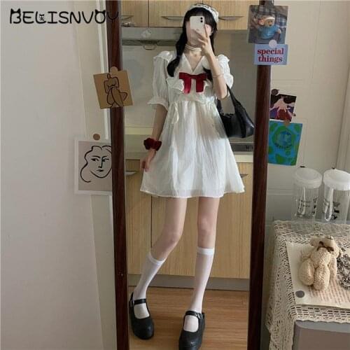 Japanese Sweet Lolita Dress Summer Soft Girl White Mini Dress Female V-neck Bow Ruffles Kawaii Puff Sleeve Princess Vestidos