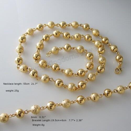 Min order 1 piece NEW - YELLOW GOLD GP OVERLAY PLAIN AND CARVED BALL BEADS CHAIN 21.7" NECKLACE & 7.7"+2.36" BRACELET SET