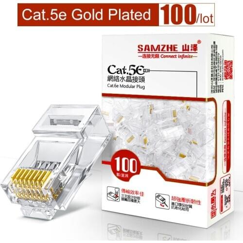 SAMZHE Cat5e RJ45 Modular Plug 8P8C Connector for Ethernet Cable,Gold Plated CAT 5e Gigabit Bulk Ethernet Crimp Connectors