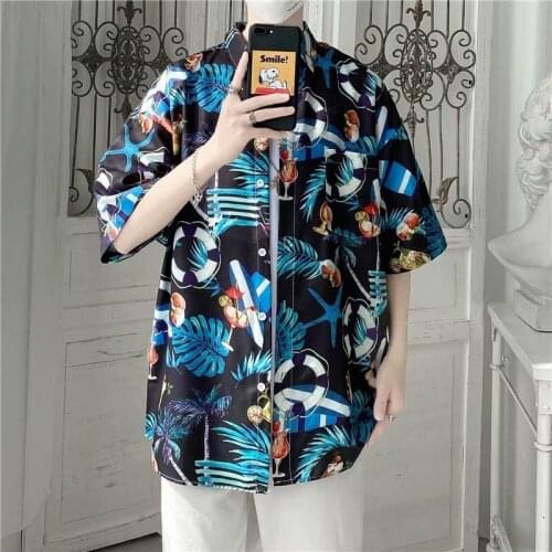 2021 New Mens Shirts Japanese Fashion Streetwear Short Sleeve Tops Shirts Casual Men Clothing Summer Trend Flower Shirts Men