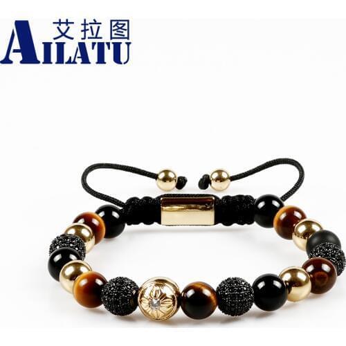 Ailatu Micro Paved Cubic Zirconia Copper Bead Charm with 8mm Black Onyx&Tiger Eye Gem&Copper Beads Braiding Macrame Bracelet