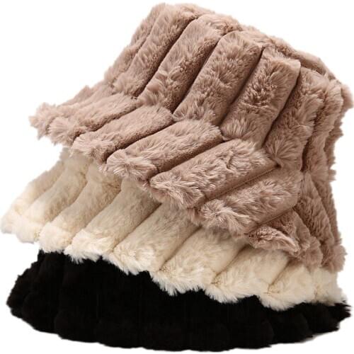 Bucket Hat Women Solid Fur Warm Female Cap Faux Fur Winter Fisherman Hat Outdoor Sunscreen Sun Bob Hat Panama Warm Lady Cap 2021
