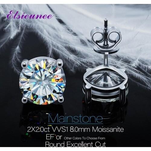 ELSIEUNEE Classic 100% 925 Sterling Silver Real 2-4 Carat D Color Moissanite Stud Earrings for Women Luxury Wedding Fine Jewelry