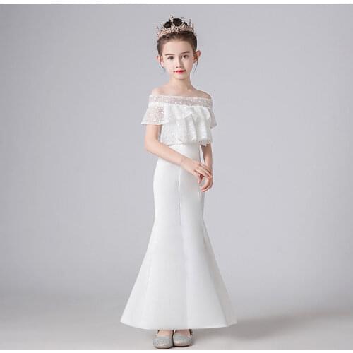 High-end Girls Princess Dress Lace stitching Mermaid Children Pageant Catwalk Party Ruffles White Evening Dress Girls Vestidos