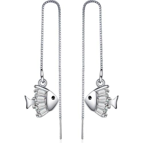925 Sterling Silver Dazzling CZ Zircon Charm Earrings For Women Small fish Long Tassel Earrings Ear Line pendientes