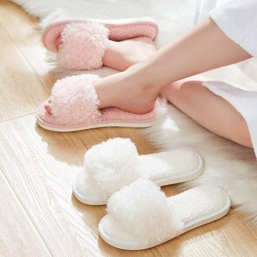 Ladies Cotton Slippers for Fall/winter New Style Open-toed Curled Fabric Slippers for Home Non-slip and Warm Plush Slippers