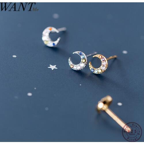 WANTME Luxury High Quality Multicolored Mini Cute Moon Studs Earrings for Women Genuine 100% Sterling Silver Accessories Jewelry