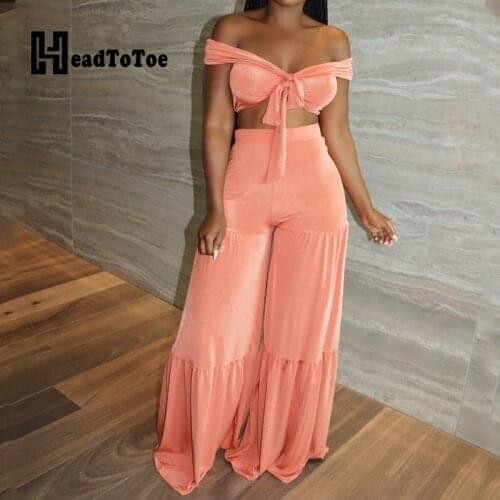 Sexy Strapless Crop Tops & High Waist Wide Leg Pants Set Women Two Piece Set