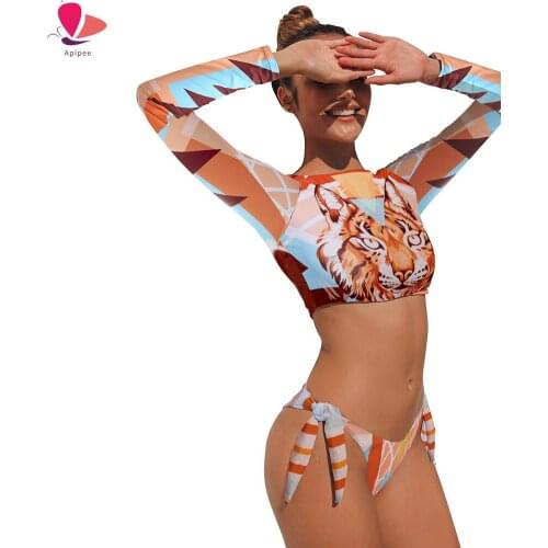 Surfing Swimsuit For Women 2021 Bikini Long Sleeve Swimwear Tiger Print Push Up Summer Bath Suit Two Piece Bandeau Biquini