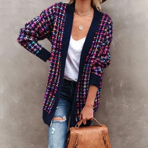 2021 Winter Bohemian Plaid Cardigans Women Vintage Long Coat Jacket Knitwear Loose Sweater Cardigan Pockets Coat For Women Cloth