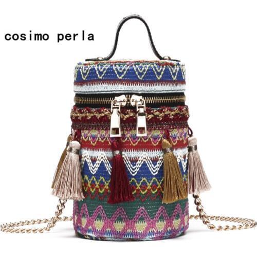 Boho Weave Ethnic Tassel Barrel Shaped Bags 2021 Top Handle Handbags Girl Fashion Hit Color Knit Bucket Mini Cylindrical Purses