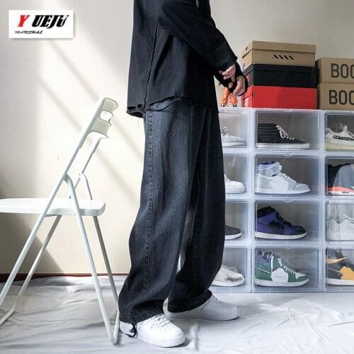 2021 Man Middle Waist Jeans Retro Blue Black Jeans Trousers Straight Overalls Pants Men Long Loose Wide Leg Drape Denim Jeans