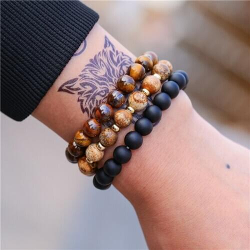 New 3pcs/set Beaded Men Bracelet 8mm Matte Tiger Eye Stone Bead Charm Couple Bracelet Sets Jewelry Gift Pulsera Hombre