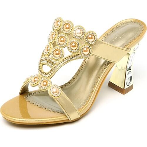 Slippers Female Summer New High Heel Rhinestone Sandals Crystal Thick With Sandals Female