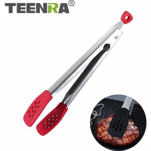 TEENRA Silicone Food Tongs Stainless Steel Kitchen Clip Not-stick Salad Tong Outdoor BBQ Clip Grill Kitchen Accessories