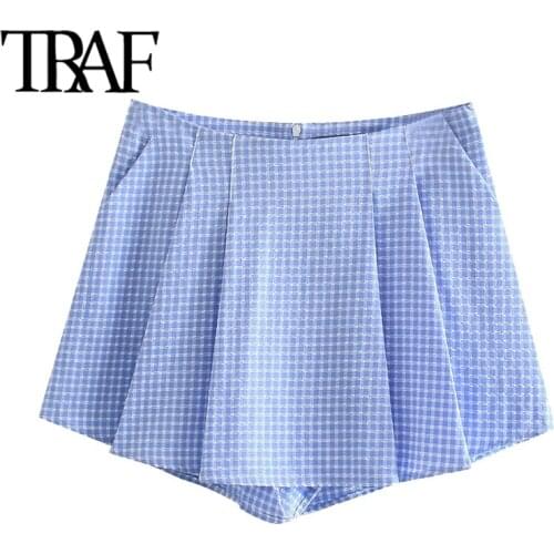 TRAF Women Chic Fashion With Lining Pleated Check Shorts Skirts Vintage High Waist Back Zipper Female Skort Mujer