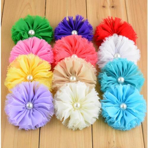 Yundfly 50PCS Chic Shabby Chiffon Flowers with Pearl Center For Hair Accessories Fluffy Frayed Fabric Flowers For DIY Headbands