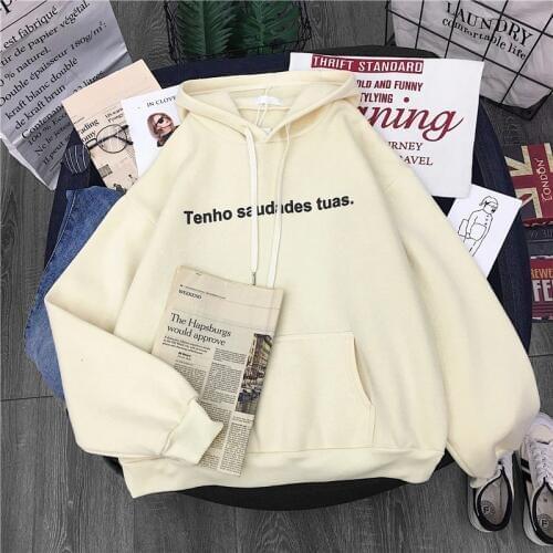 Winter Casual Women Hoody Sweatshirt Print Letter Tenho Saudades Tuas Harajuku Lady Pullover Fleece Long Sleeve Loose Tops Femal