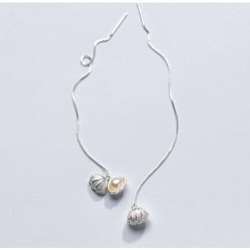 1pair Real. 925 Sterling Silver jewelry Shell shape &Handmade Pearl dangle Threader Earrings jewelry GTLE2598