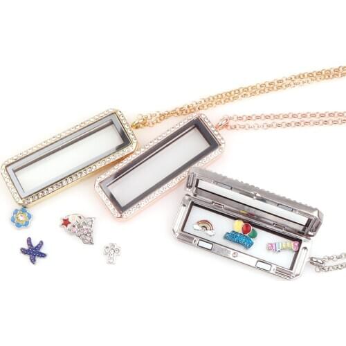 Mixed 10pcs/lot Upright rectangle Floating Charm Rhinestone Locket Magnetic Living Glass Memory Locket necklace women christmas