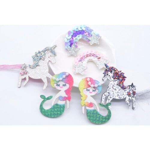 10Pcs Padded Kawaii Sequins Rainbow Mermaid Unicorn Applique for DIY Clothes Hat Headwear Hair Clips Bow Decor Accessories