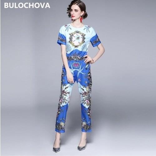 2021 New Summer Fashion Print Womens Pants Suits Short Sleeve Pullovers Tops + High Waist Straight Full Length 2 Piece Sets XXL
