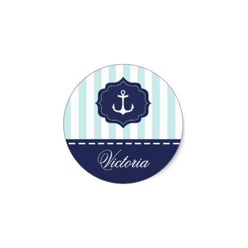 3.8cm Nautical Mint Navy Blue Anchor Custom Name Classic Round Sticker