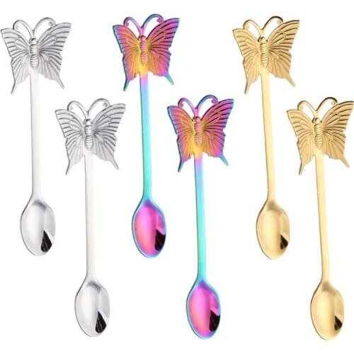 6pcs Stainless Steel Butterfly Coffee Spoon Fork Soup Sugar Dessert Teaspoons E7CB