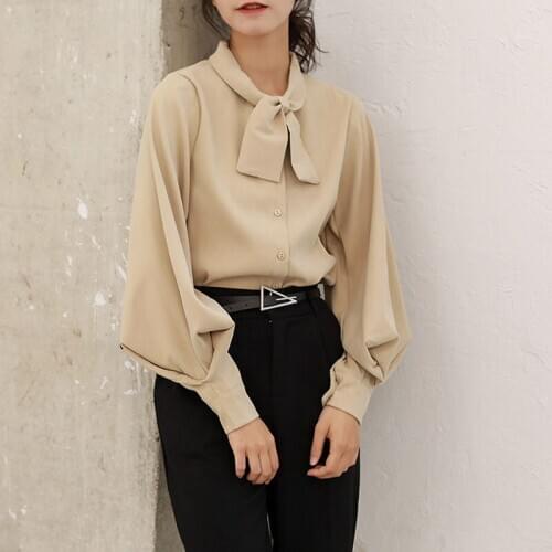 Beige Blue Bow Retro Solid Shirts For Women Sping Summer Casual Long Lantern Sleeve Office Lady Blouse Mujer In Stock