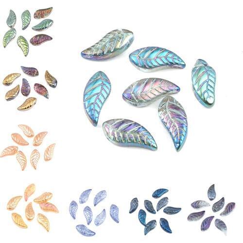 50 PCs Doreen Box Glass Beads Leaf Multicolor AB Rainbow Bead For DIY Fashion Bracelet Jewelry Making16x 8mm, Hole: 0.9mm