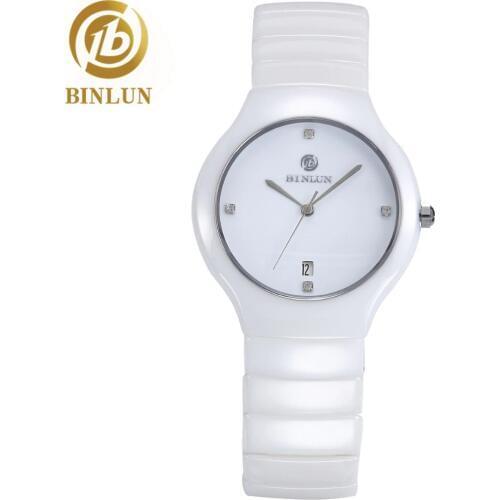 BINLUN Womens Watch White Ceramic Quartz Watches Minimalist Waterproof Japanese Wristwatches Lady Diamonds Bracelet with Date