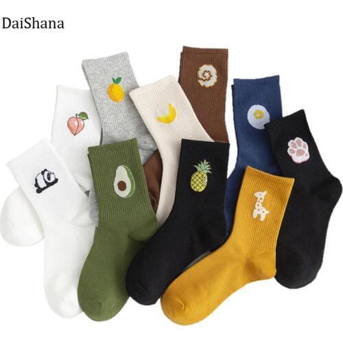 Hot Sale Funny Socks Women Casual Cartoon Fruit Embroidered AVocado Bunching Sock Happy Japanese-Style Harajuku Skateboard Socks