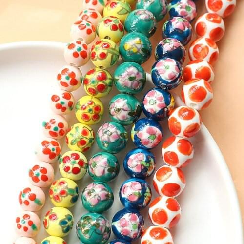 Ceramic Beads Hand-painted Flowers Round Loose Beads 10pcs/lot Batch For Jewelry Making DIY Accessories Beads Bracelet Wholesale