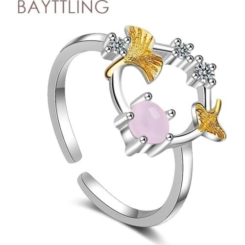 BAYTTLING 925 Sterling Silver Elegant Leaf Round Zircon Open Ring For Women Fashion Jewelry Couple Ring Gift