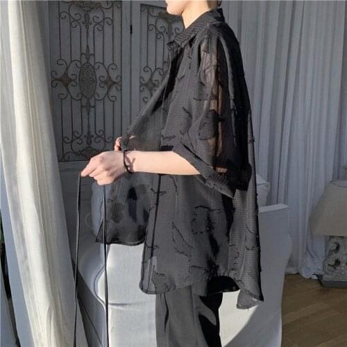 Summer Short-sleeved Shirt Mens Fashion Embroidery Transparent Casual Shirt Men Streetwear Korean Loose Dress Shirts Mens M-2XL