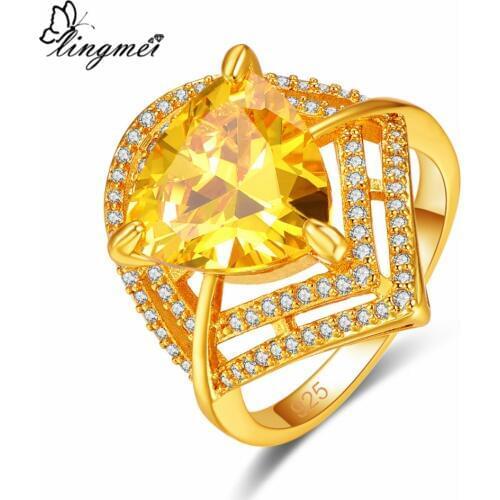 Lingmei Gorgeous Cocktail Party Wedding Jewelry Gold & White Zircon Silver Color & Yellow Goldplated Ring Size 6-9 Valentine