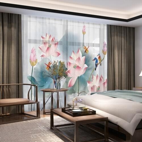 Lotus Leaves and Lotus Flower Curtains Drape Panel Sheer Tulle Home Decoration Living Room Bedroom Vintage Chiffon Curtains