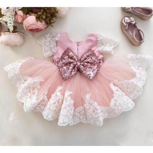 Cute Lace knee-length beading flower girl dress with bow communion frocks kids baptism prom ball gowns for formal occasion