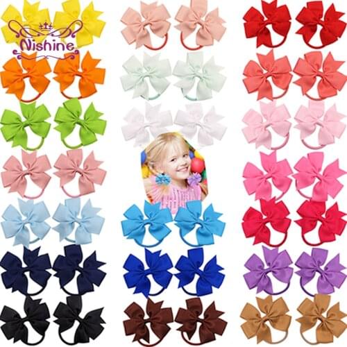 Nishine 10pcs/lot Lovely Grosgrain Ribbon Bows Baby Girs Hair Rope Handmade Dovetail Bows Infant Elastic Hairband Photo Props