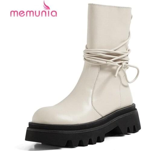 MEMUNIA New Arrival Cow Leather Shoes Lace Up Zipper Ankle Boots Flat With Platform Ladies Boots Winter Hand Made High Quality