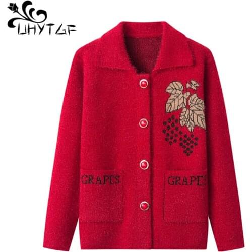 UHYTGF Autumn winter sweater coat single-breasted loose 4XL plus size tops elegant mom knitted sweater jacket jersey mujer 708