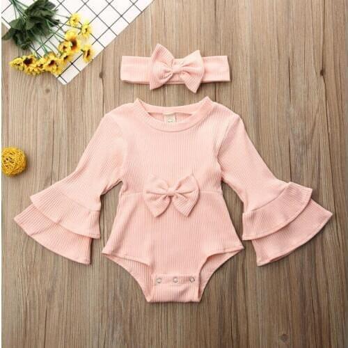 2PCS Newborn Baby Girl Autumn Winter Clothes Long Sleeve Bowknot Stripe Knitted Romper Jumpsuit Bow Outfits