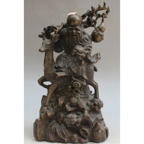Song voge gem S1675 7" Chinese Bronze Folk Shou god of longevity Seat Deer cucurbit peach Statue