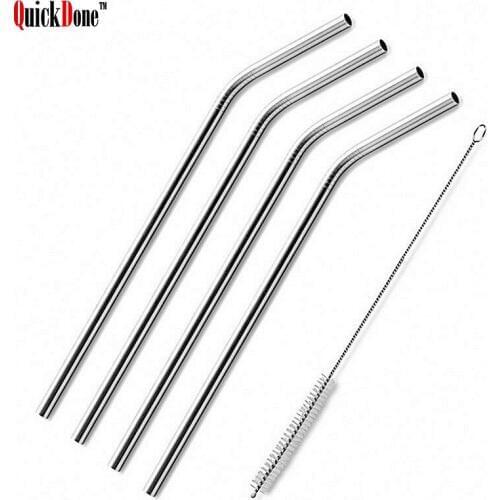 QuickDone 4pcs Stainless Steel Metal Drinking Straw Straws Reusable with 1 Cleaner Brush Kit Bar Accessories AKC5069